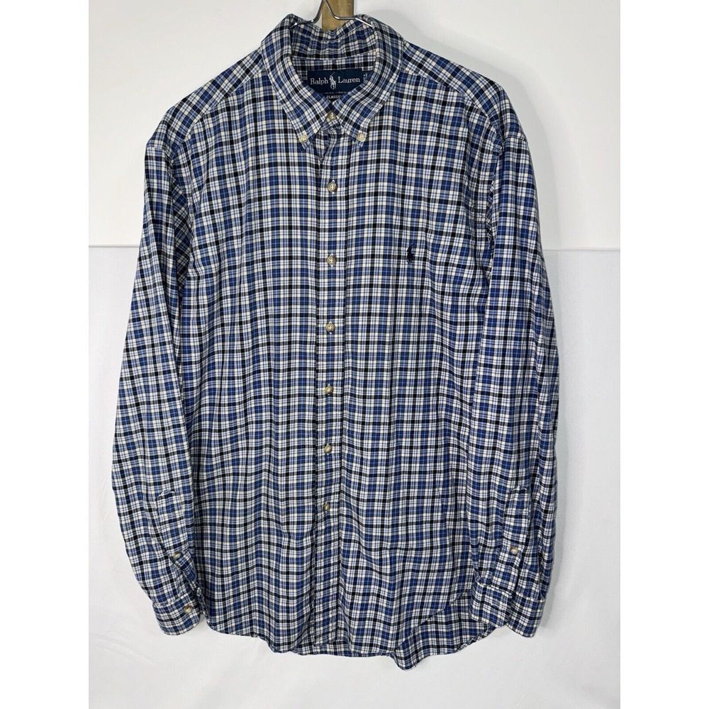 Ralph Lauren Mens L Blue‎ & White Plaid Long Sleeve Button Down Shirt - Picture 3 of 6